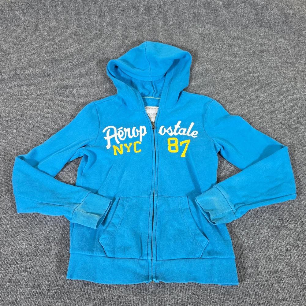 2000s Aeropostale Womens Blue NYC 87 Full Zip Graphic Hoodie Sweatshirt Size M